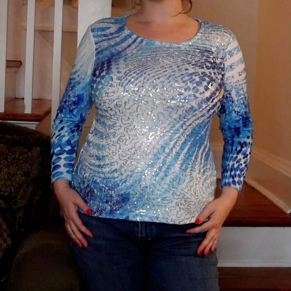 Blue White Swirl Silver Sequins Sz Small 3/4 Sleeve Funky Top Wavy Impulse Cali